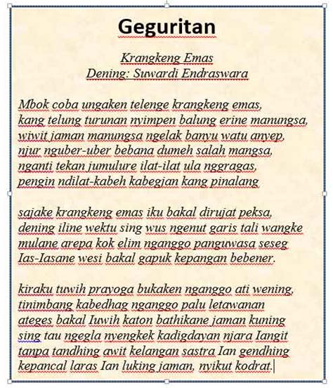 Aranana strukture wangunan geguritan  Bagi kamu yang bukan penutur bahasa Jawa dan tertarik mempelajari bentuk puisi tersebut, jangan khawatir